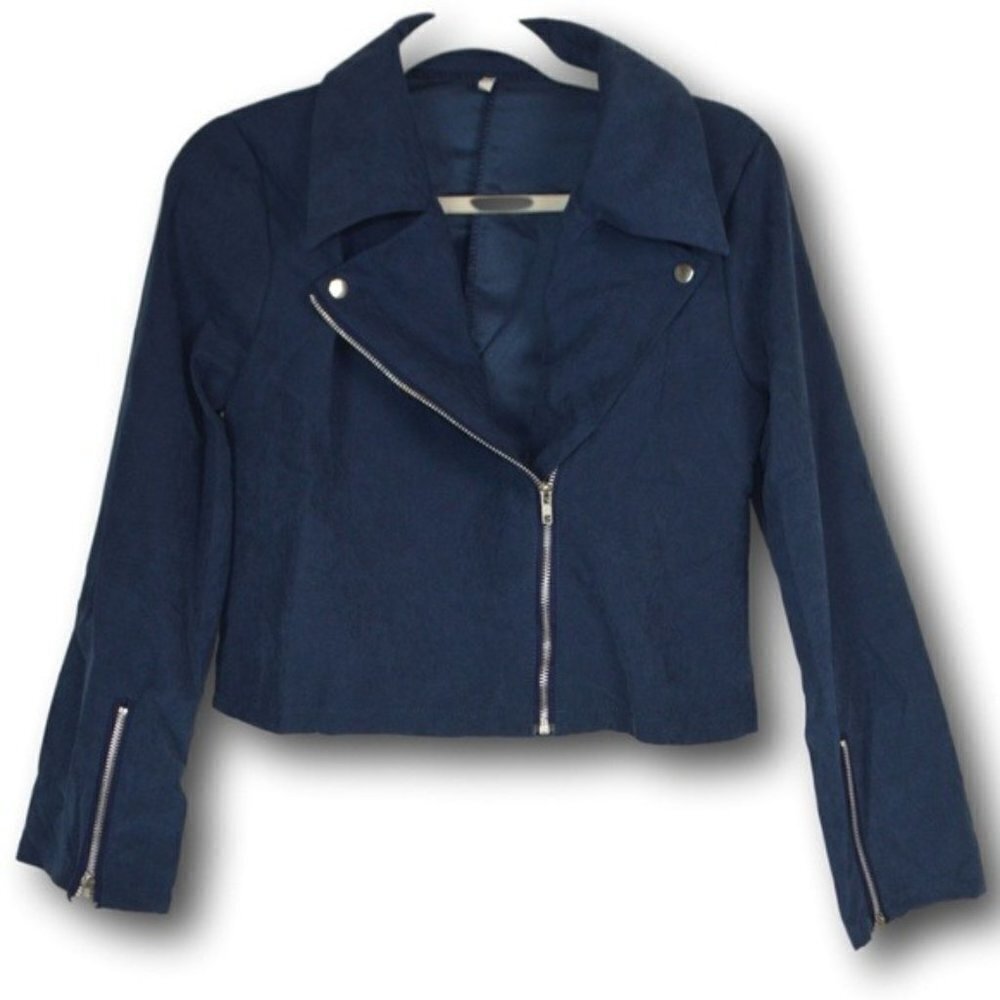 Navy Blue Lightweight Bomber Short Cropped Zipper Jacket - Brand New